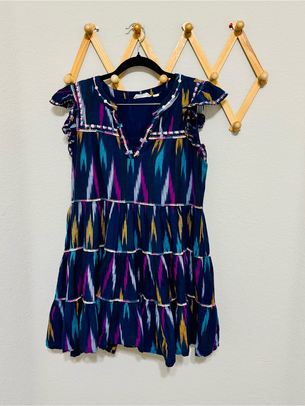 Roller Rabbit Navy Colorful Ikat Print Tiered Dress Size XS